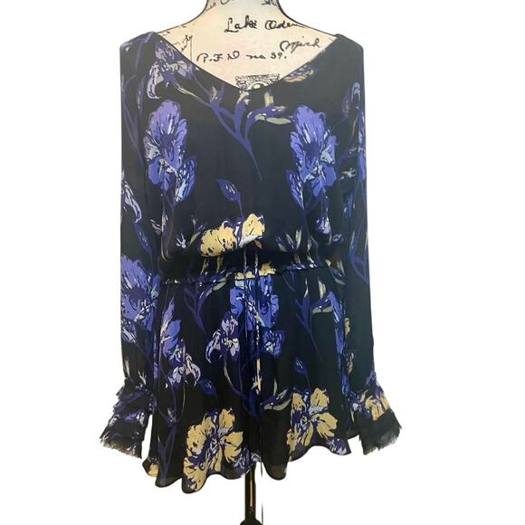 RAMY BROOK MINI DRESS MILENE 100% SILK BLUE FLORAL RUFFLE SMOCKED WAIST SZ S - Picture 16 of 16